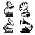 Gramophones. Vintage music players with vinyl records retro phonograph box song equipment vector monochrome collection