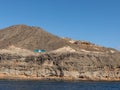 Gran Canaria, Canary Islands in Spain - December 16. 2016: Blue bus driving on the road in the steep mountains at the