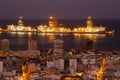 City of Las Palmas de Gran Canaria and oil drilling ships at sunset.