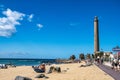 Gran Canaria, Spain - Feb 15, 2023: Seascape with Maspalomas lighthouse, Gran Canaria, Canary Islands, Spain