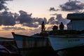 Gran Canaria, Spain - Feb 20, 2023: Sunset at Puerto de Sardina - traditional fishing village in Grand Canary