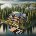 Gran Executive Lodge Lakehouse Wilderness Fishing Chalet Home Exterior Wooden House Construction AI Generated
