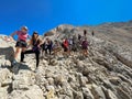 GRAN SASSO, ITALY - AUGUST 23, 2023: A group of hikers in the massif of Gran Sasso, Abruzzo region, Italy