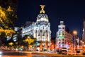 Gran Via central street of Madrid at night, Spain
