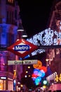 Gran via metro station signboad at night. Madrid, Spain. Royalty Free Stock Photo