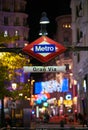 Gran Via metro station signboad at night. Madrid, Spain. Royalty Free Stock Photo