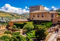 Terrace, towers and wall of medieval Alcazaba fortress of Alhambra.. Granada, Andalusia, Spain. Royalty Free Stock Photo