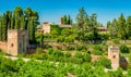 Panoramic sight with the Alhambra Palace as seen from the Generalife in Granada. Andalusia, Spain. Royalty Free Stock Photo