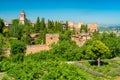 Panoramic sight with the Alhambra Palace as seen from the Generalife in Granada. Andalusia, Spain.