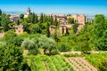 Panoramic sight with the Alhambra Palace as seen from the Generalife in Granada. Andalusia, Spain. Royalty Free Stock Photo