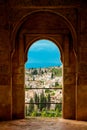 Granada, Spain - 5/6/18: Intricate sculpted window details of Alhambra. Royalty Free Stock Photo