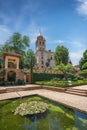 Gardens of El Partal at Alhambra with Church of Santa Maria de la Alhambra - Granada, Andalusia, Spain