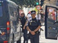 Granada, Spain, May 1st, 2023. Police guarding the demonstration of unions, political parties for workers' rights on