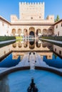 GRANADA, SPAIN - NOVEMBER 2, 2017: Court of the Myrtles (Patio de los Arrayanes) at Nasrid Palaces (Palacios Nazaries) at Alhambra Royalty Free Stock Photo