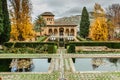 Granada, Spain - November 25, 2018. Generalife gardens near Alhambra complex.Pool framed by flowerbeds, fountains, colonnades and