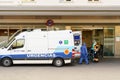 GRANADA SPAIN 23RD APRIL 2020. Ambulance at the door of the hospital`s emergency service.