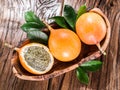 Granadilla fruits on the wood. Royalty Free Stock Photo