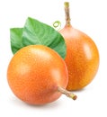 Granadilla or passiflora fruit with leaves isolated in white background Royalty Free Stock Photo