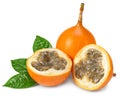 Granadilla or yellow passion fruit with green leaves isolated on white background. exotic fruit. clipping path Royalty Free Stock Photo