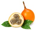 Granadilla or yellow passion fruit with green leaves isolated on white background. exotic fruit. clipping path Royalty Free Stock Photo