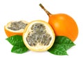 Granadilla or yellow passion fruit with green leaves isolated on white background. exotic fruit. clipping path Royalty Free Stock Photo