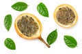 Granadilla or yellow passion fruit with green leaves isolated on white background. exotic fruit. clipping path. top view Royalty Free Stock Photo
