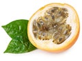 Granadilla or yellow passion fruit with green leaves isolated on white background. exotic fruit. full depth of field Royalty Free Stock Photo