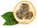 Granadilla or yellow passion fruit with green leaves isolated on white background. exotic fruit. full depth of field Royalty Free Stock Photo