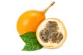 Granadilla or yellow passion fruit with green leaves isolated on white background. exotic fruit. full depth of field