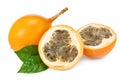 Granadilla or yellow passion fruit with green leaves isolated on white background. exotic fruit. full depth of field Royalty Free Stock Photo