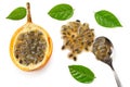 Granadilla or yellow passion fruit with green leaves isolated on white background. exotic fruit. top view Royalty Free Stock Photo