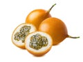 Granadilla. Yellow passion fruit whole and slices on wh
