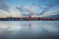 Granaries of Grudziadz city by the Vistula river at snowy winter. Poland Royalty Free Stock Photo