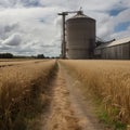 granary elevator with seeds in rye corn or wheat field. grain deal. Generative ai