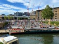 Granary Square steps and Regent`s Canal, London, UK