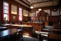 A grand, American-style courtroom, waiting in anticipation of an upcoming civil case hearing. Royalty Free Stock Photo