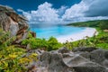 Grand Anse beach from view point. La Digue island, Seychelles Royalty Free Stock Photo