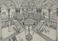 Grand architectural drawing of an opulent interior featuring a central atrium with Royalty Free Stock Photo