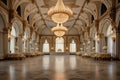 A grand ballroom filled with chandeliers and tables, perfect for hosting elegant events and gatherings, A grand ballroom with