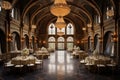 A grand banquet hall featuring elegant chandeliers and tables, perfect for accommodating sizable events, A grand ballroom with Royalty Free Stock Photo