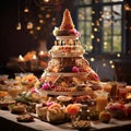 Grand Banquet Table at a Wedding Reception with Traditional Wedding Foods from Various Cultures