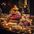 Grand Banquet Table at a Wedding Reception with Traditional Wedding Foods from Various Cultures