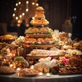 Grand Banquet Table at a Wedding Reception with Traditional Wedding Foods from Various Cultures