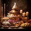 Grand Banquet Table at a Wedding Reception with Traditional Wedding Foods from Various Cultures