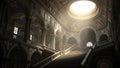 Grand baroque staircase bathed in dramatic sunlight streaming through a magnificent circular oculus ceiling Royalty Free Stock Photo