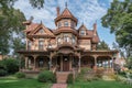 A grand brown house with a towering structure, displaying impressive architecture and commanding presence, A Victorian mansion