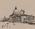 Grand canal and Basilica Santa Maria della Salute, Venice, Italy. Ink. Digital Sketch Hand Drawing