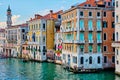 Grand Canal with boats and gondolas on sunset, Venice, Italy Royalty Free Stock Photo