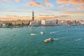 The Grand Canal and Giudecca Canal converging in front of Piazza San Marco, Campanile tower and Doge`s Palace in Venice, Italy Royalty Free Stock Photo