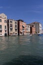 Grand Canal, historic decorative tenement houses, floating boats, Venice, Italy